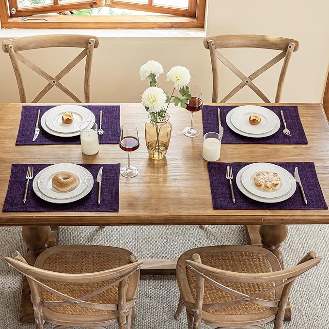 Blue Forest Placemats Set of 4, Dual-Layered Thickened Faux Linen Cloth Place Mats Heat Resistant Machine Washable Wrinkle Free Table Mats Indoor/Outdoor (Purple)