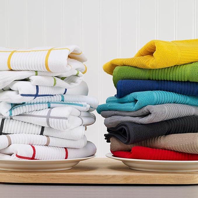 T-FAL Solid & Checked Parquet Kitchen Towels: Highly Absorbent, Super Soft Long Lasting - 100% Cotton, 16"x26" Dish Towels for Cleaning & Drying Dishes, Pans, Glassware, or Countertops, (2-Pack), Red