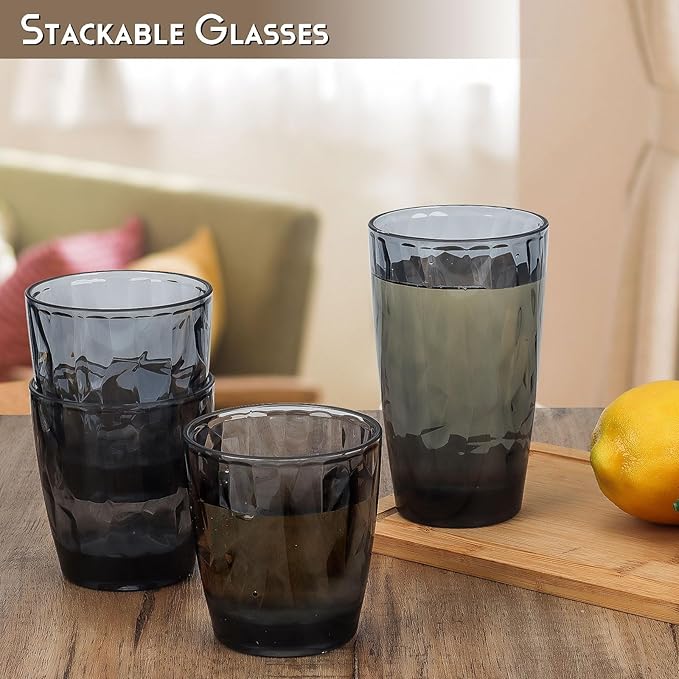 Topsky Plastic Tumblers Reusable,Shatter Proof Cups Drinking Glasses,Unbreakable Plastic Tumblers Beverage Acrylic Juice Wine Cups for Home Picnic Party,Dishwasher Safe,Stackable|10-oz&16-oz|Gray