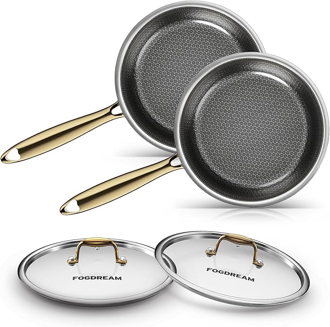 Fogdream 10“11” Stainless Steel Pan, Non Stick Frying Skillet with Lid, Tri-Ply Stainless Steel for All Cooktops, Dishwasher and Oven-Safe Cooking Pan, Stay-Cool Handle, Gold