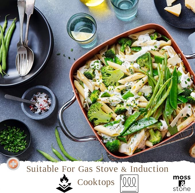 Moss & Stone 6 Pcs Copper Chef Cookware Non Stick Deep Frying Pan 9.5" x 3.5", Fry Basket, Steamer Rack, Dishwasher & Oven Safe, 5 Qt Deep Square Pot & Non Stick Pan, Induction Copper Cookware Set