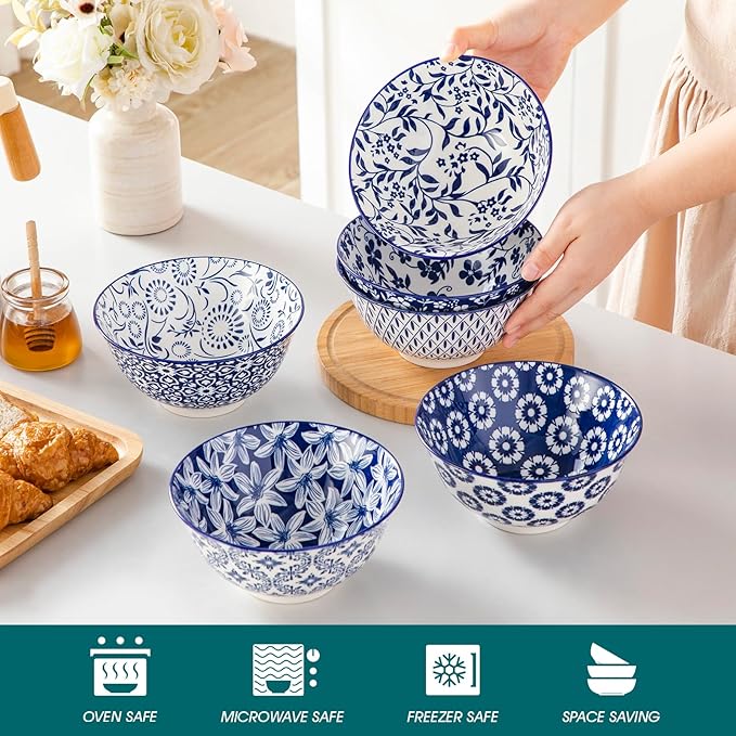 vancasso SELENE 24 oz Cereal Bowls set of 6, Ceramic Soup Bowls for Kitchen, Dishwasher & Microwave Oven Safe- for Cereal, Soup, Pasta, Salad, Blue & White Floral Design Bowl Set