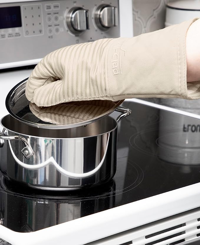 All-Clad Silicone Oven Mitts: Heat Resistant up to 500 Degrees - 100% Cotton & Silicone, 14"x7" Oven Mitt for Kitchen and Barbeque, 2-Pack, Almond