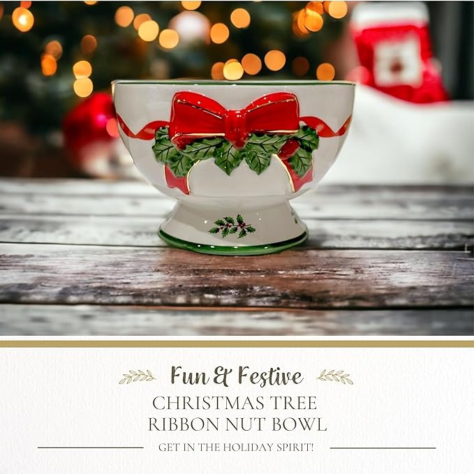 Spode Christmas Tree 6-Inch Ribbon Nut Bowl - Decorative Serving Bowl for Candies, Nuts, Desserts - Ideal for Holiday Entertaining & Festive Table Decor - Earthenware with Iconic Christmas Tree Design