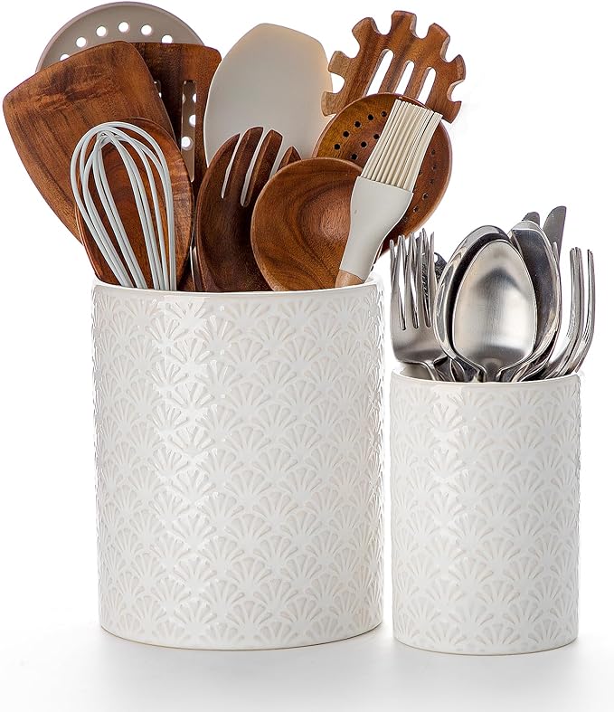 Nucookery Utensil Holder - 7.2"+5.4" Ceramic Utensil Holder for Kitchen Counter, Large Embossed Utensil Crock, Spatula Holder for Counter, Farmhouse Utensil Vase for Housewarming, Kitchen Decor