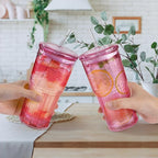 Joeyan 22 oz Pink Glass Tumbler with Straw and Lid for Iced Tea Coffee Smoothie Water Juice Beverages Soda,Ribbed Glasses Cups,Borosilicate Drinking Jar,Set of 2,Dishwasher Safe