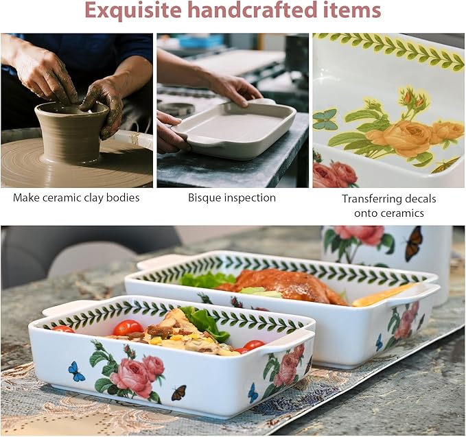 ACMLIFE Ceramic Casserole Dish for Oven, Floral Baking Dishes for Oven Lasagna Pan, Large Baking Dish with Handles, Durable and Oven Safe Pan, for Roasting and Baking, Gift Packaging 2 Pcs Set(13"x8"+10.3"x6.3") (Rose)