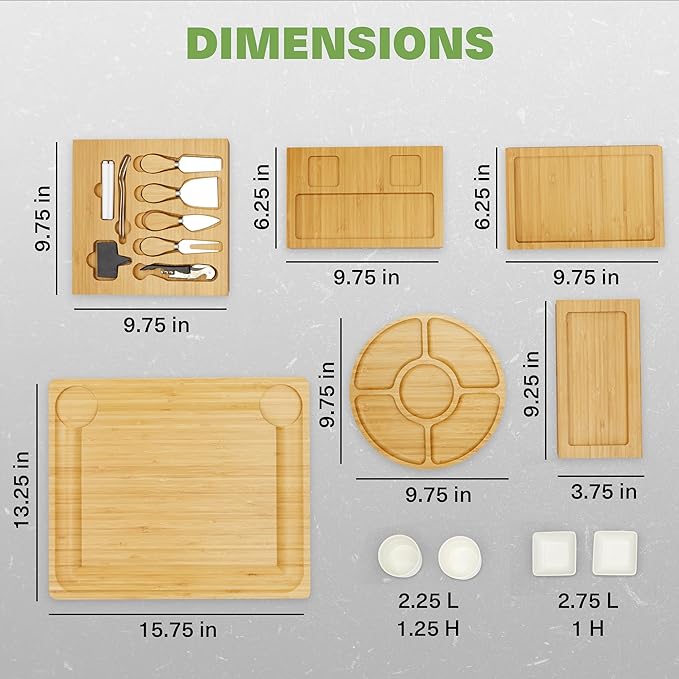Dynamic Gear Charcuterie Boards with Drawers - Expandable Bamboo Cheese Board Set with Stainless Steel Utensils, Ceramic Bowls, Serving Trays, Utensil Drawer, and Appetizer Tray - 4 Hidden Drawers