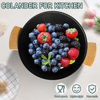 Metal Colander with Bamboo Wood Handle, 6 QT Large Strainer with Self-Draining Base, Kitchen Strainer Bowl for Pasta Spaghetti Vegetables Fruit Berry, Essential Kitchen Appliance and Gadget (Black)