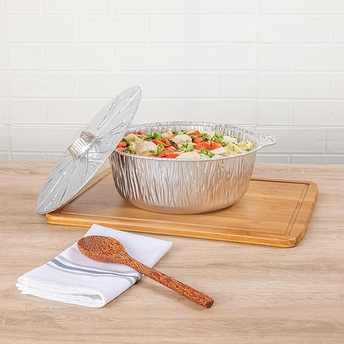 Foil Lux 5.6 Quart Pans And Lids, 100 Disposable Pots With Lids - Oven-Ready, Stove Compatible, Aluminum Foil Baking Pans, Freezable, For Outdoor Camping, Vacation, Picnic, And More - Restaurantware