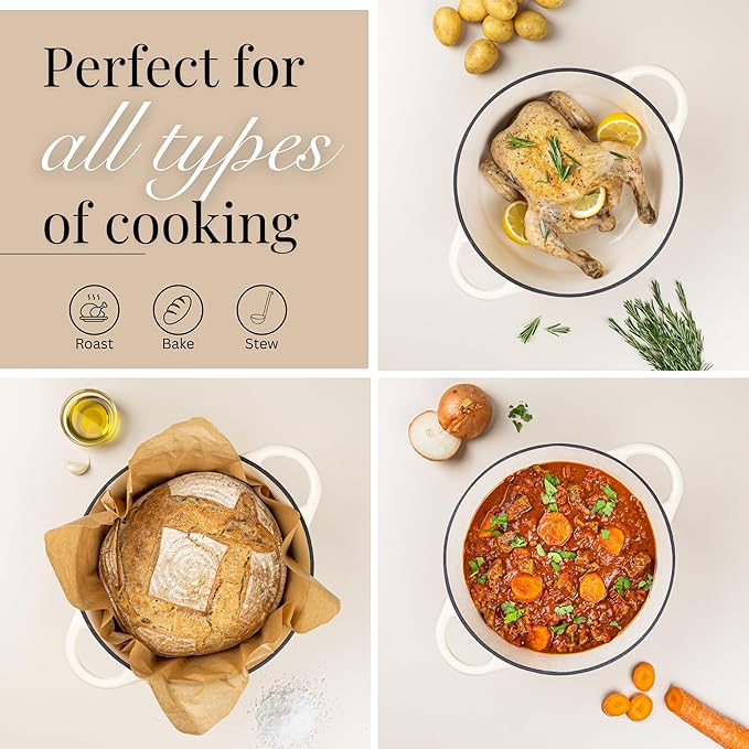 Nuovva Enamelled Cast Iron Dutch Oven Pot with Lid – 6.4 Quart Non Stick Casserole Pot – Heavy Duty & Oven Safe up to 500° F for Bread Baking, Braising, Stews, Roasting – 28cm Cream