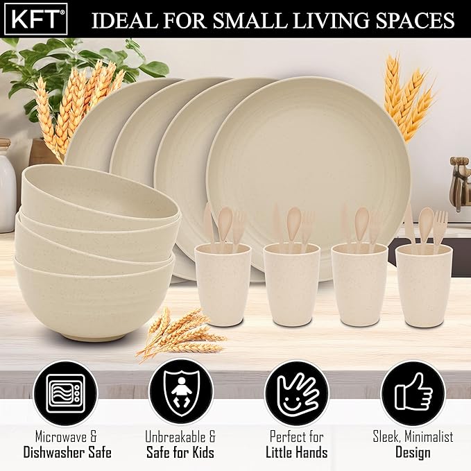 Wheat Straw Dinnerware Sets for 4 - KFT Lightweight & Unbreakable Dishes Microwave & Dishwasher Safe Perfect for Camping, Picnic, RV, Dorm Plates, Cups and Bowls