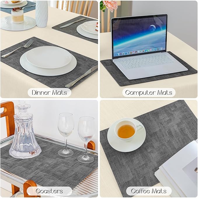 Romanstile Reversible Vinyl Placemats Set of 6, Faux Leather 100% Waterproof Oil-Proof Wipeable Place Mats, Heat Resistant Dual Sided Table Mats for Kitchen/Dining/Party (Dark Gray, 12 x 17 Inch)