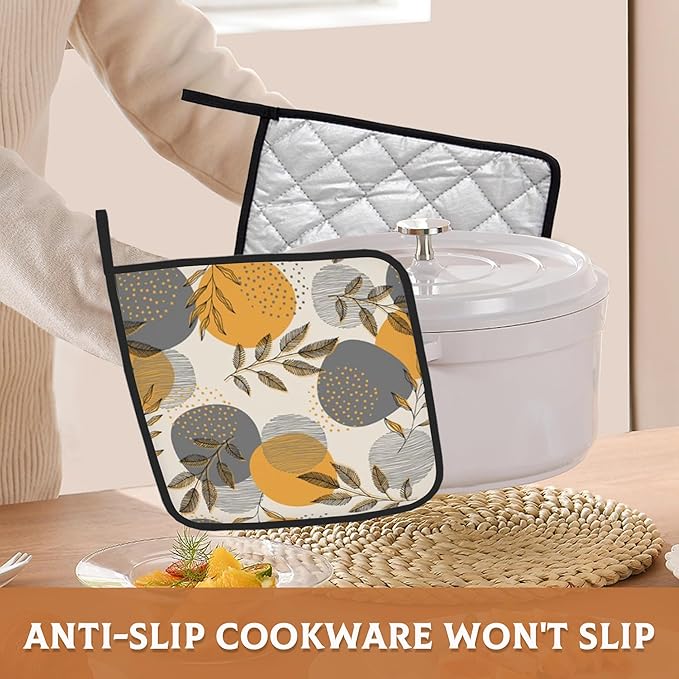 Boho Leaves Pot Holders Set of 2 Heat Resistant Potholders,Stripes and Dots Fire Oven Hot Pads for Kitchen Cooking Baking Barbecue