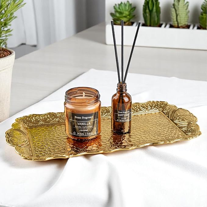 Alisveristime Small Ornate Metal Serving Tray – Ottoman Motif Decorative Tray (14.2" x 7.1", 10.8 oz) (Gold)