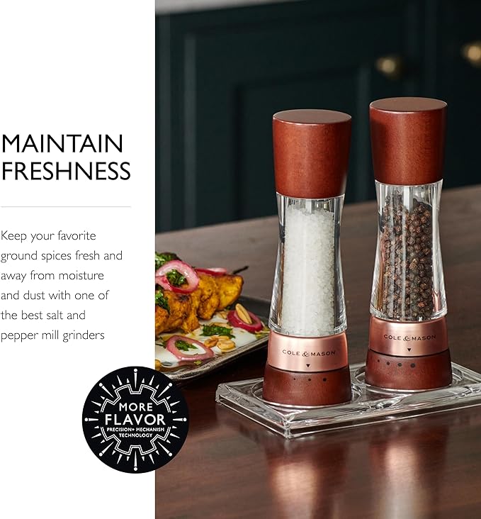Cole & Mason Derwent Salt Mill - Gourmet Precision Salt Grinder - Refillable Seasoning and Spice Tools - Adjustable Seat, Himalayan and Kosher Salt Grinder Settings - Rose Gold