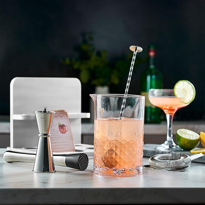 Crystal Cocktail Mixing Glass Set with Bamboo Stand - 22 Oz 650ml - Thick and Sturdy Bottom, Durable and Seamless Design with Bar Accessories