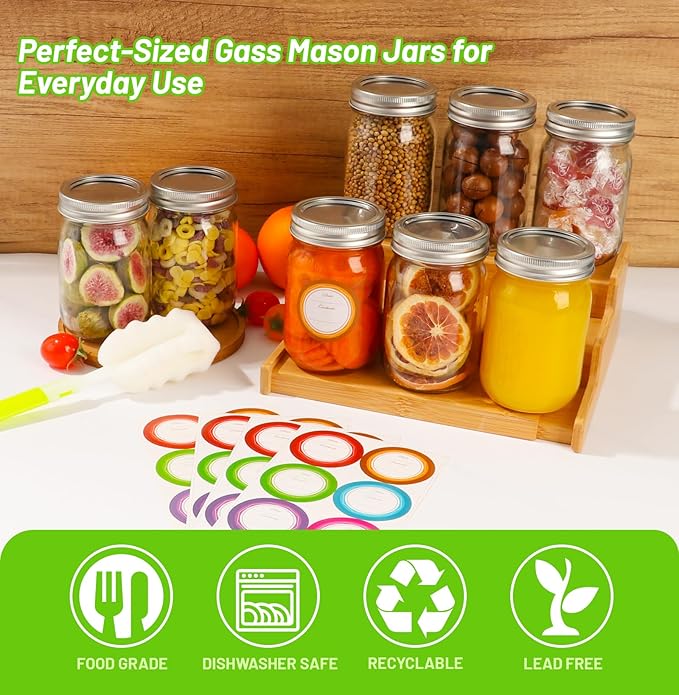 12 oz Glass Mason Jars With Lids 20 Pack,Reusable 350ml Round Canning Jars With Silver Separable Lids for Jam,Fruits Storage,Honey,Beverages and Wedding Favors(12 fl. oz, Set of 20)