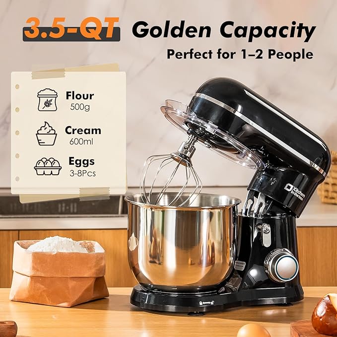 Kitchen in the Box Stand Mixer, 3.5 QT Small Kitchen Electric Stand Mixers, 10-Speed Portable Lightweight Dough Mixer for Daily Use with Egg Whisk, Dough Hook, Beater (Black)