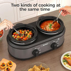 2 * 1.25 Quarts Dual Slow Cooker, Buffet Server & Warmer with 2 Removable Ceramic Pots, 3 Adjustable Temp Settings & 2 Visible Glass Lids, Stainless Steel, Grey