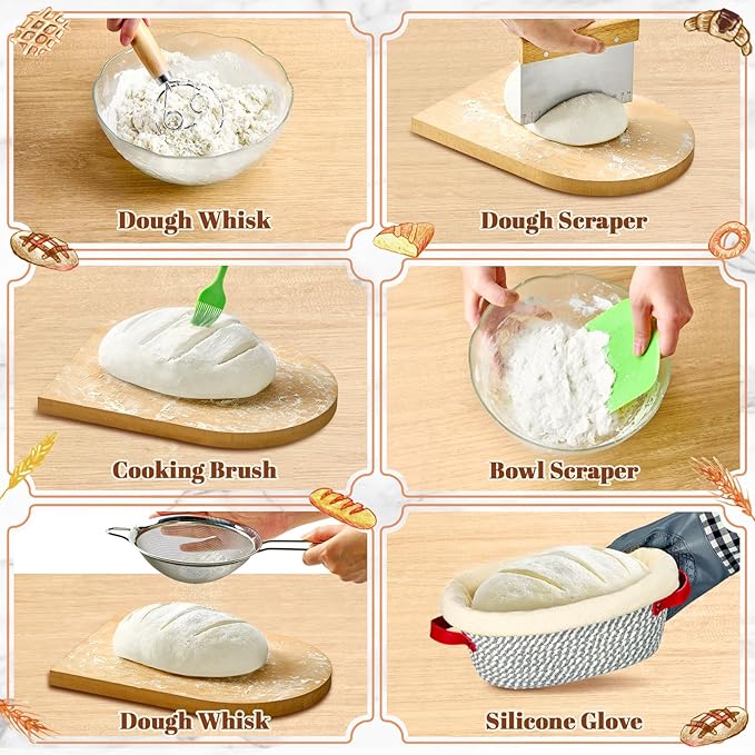 HASHMUST Banneton Bread Proofing Basket Kit, Sourdough Starter Jar Set, 9'' Round 10" Oval Fermentation Bowls Homemade Baking Supplies, Tools with Dough Whisk Cutter Lame Scraper Brush Scraper Bags