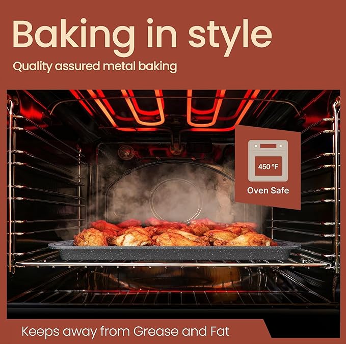 Cookie Sheet with Wire Rack Set, 2-Piece Nonstick Gray Marble Carbon Steel Pan & Cooling Rack, Space-Saving Stackable Set, PFOA, PFOS, PTFE Free, Oven Safe Up to 450°F, 17.4" Pan & 14.7" Rack