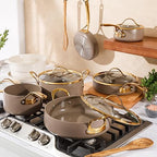Bloomhouse - Two Time Oprah's Favorite Things Winner - 15 Piece Pots and Pans Heavy Duty Aluminum Premium PFA Free Ceramic Nonstick Dutch Oven Pot with Lid - Cappuccino Cream with Gold Handle
