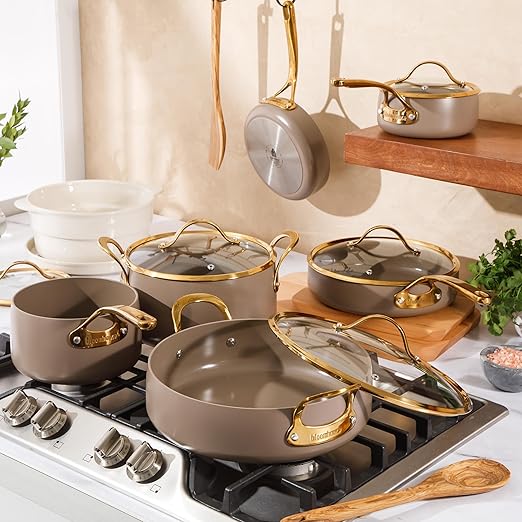 Bloomhouse - Two Time Oprah's Favorite Things Winner - 15 Piece Pots and Pans Heavy Duty Aluminum Premium PFA Free Ceramic Nonstick Dutch Oven Pot with Lid - Cappuccino Cream with Gold Handle