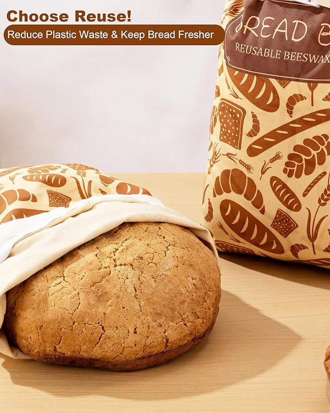 2-Pack Beeswax Bread Bags with Zipper & Buckle - Reusable Cotton Storage for Sourdough & Homemade Bread, Freezer Safe