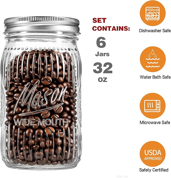 6 Pack 32 oz Vintage Style Wide Mouth Mason Jars - Heavy Duty Glass Storage Jars with Airtight & Leak Proof Lids for Pickling, Canning, Food Storage, Flour, Sugar, Pasta, Oats & DIY Projects