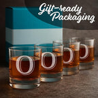 On The Rox Drinks (O-Monogram)- 4 Piece Set of 11 Ounce Engraved Heavy Base Rocks Glasses- Quality Elegant Glass-Multi-Purpose Beverage-Rocks Glass- For any Occasion