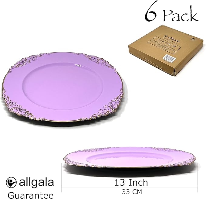 allgala Heavy Quality Round Charger Plates - Chargers for Dinner Plates - Set of Charger Plates for Table Decor - Ideal for Weddings, Thanksgiving Parties & Holidays - Floral Lavender (13-Inch 6-Pack)