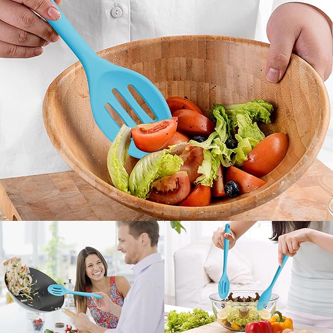 Silicone Cooking Spoons, Heat Resistant Large Silicone Pasta Slotted Spoon Solid Basting Spoon set for Nonstick Cookware, BPA Free Black Kitchen Silicone Spoons set for Mixing, Serving, Draining Blue