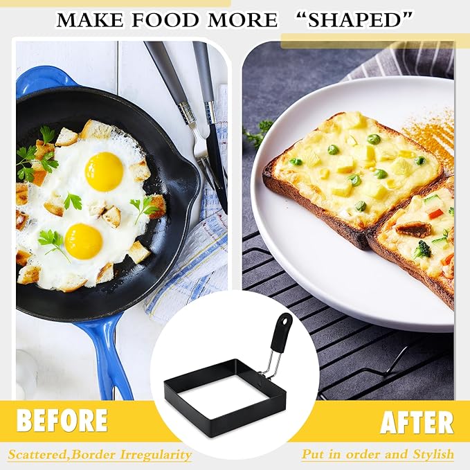 2-Pack 4'' Square Egg Rings Set, Silicone Handle, Stainless Steel, Nonstick, For Frying Eggs
