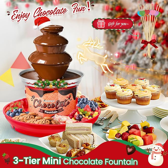 Huanyu 3-Tier Mini Chocolate Fountain Machine 10 Bamboo Skewers Removable Serving Tray 16-Ounce Chocolate Fondue Fountain for Party Birthday Wedding Chocolate Nacho Cheese BBQ Sauce Liqueurs (Red)