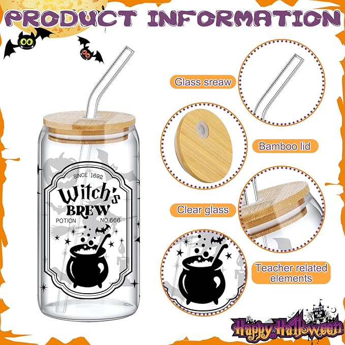 6 Pcs Halloween Drinking Glasses 16 oz Hearts Glass Cup with Bamboo Lid and Glass Straw Can Shaped Beer Glass Reusable Love Smoothie Cup for Women Teenager Valentine Party Birthday Gift