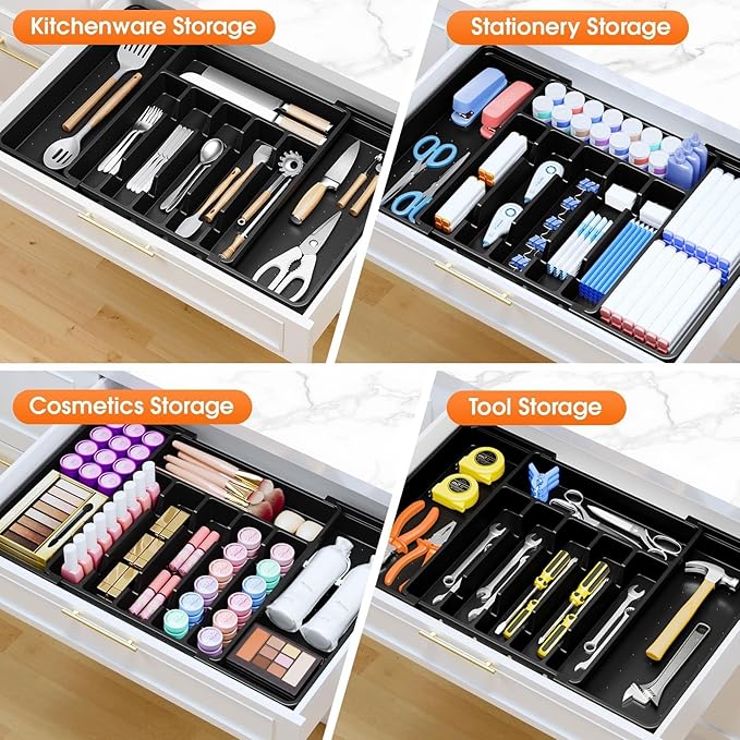 Silverware Organizer，Adjustable & Expandable Utensil Drawer Organizer, BPA Free Utensil Holder, Cutlery Tray for Forks, Spoons, Knives in Kitchen, Large, Black