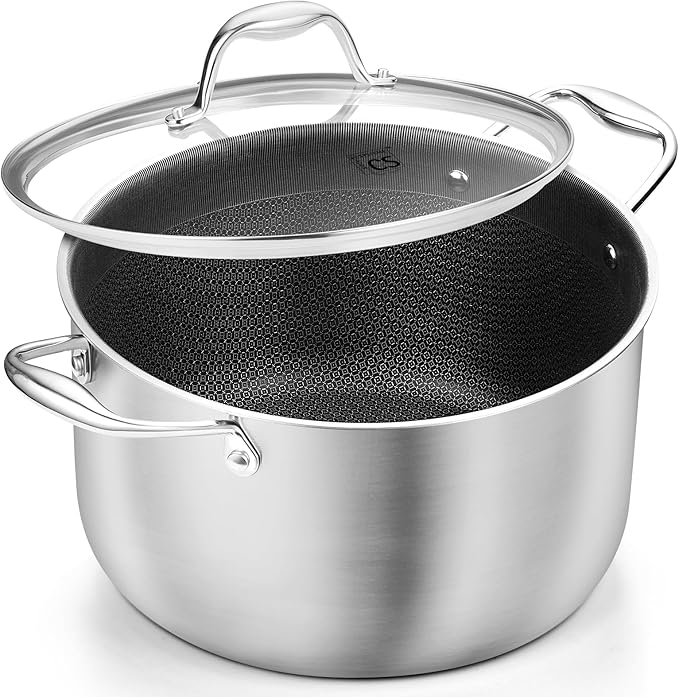 KOCH SYSTEME CS Tri-ply Stainless Steel Stock Pot, 8-Quart Nonstick Hybird 18/10 Stainless Steel Pot with Lid, Soup Pots with Nonstick Honeycomb Interior, Compatible with All Cooktops, Oven Safe
