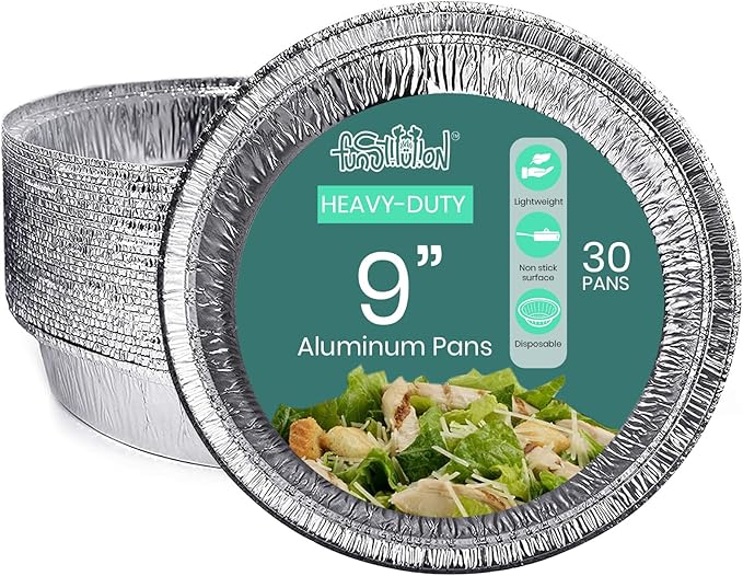 FUNSTITUTION Round Disposable Aluminum Pie Pans (30 Pack) - 9 Inch Disposable Pie Pans - Round Aluminum Foil Pans For Baking, Grilling, Cooking, Storing, Prepping