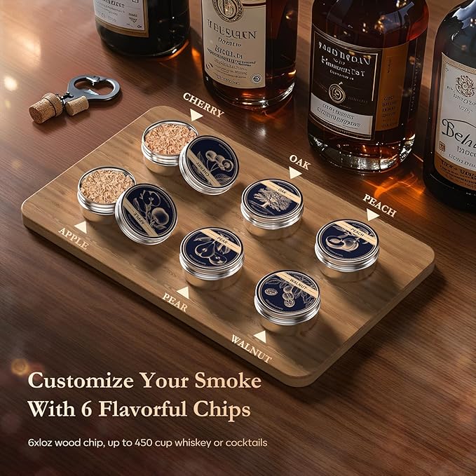 Electric Whiskey Smoker Kit-Rechargeable Cocktail Smoker Set with 6 Wood Chips - Unique Bourbon & Old Fashioned Drinks Smoker, Ideal Christmas, Birthday, Gifts for Men, Dad, Husband