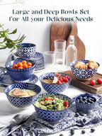 DOWAN 33 OZ Large Bowls Set of 6 - Ceramic Deep Bowl for Ramen, Pasta, Salad - Vintage Blue Porcelain Bowls for Kitchen Decor & Housewarming Gift - Dishwasher & Microwave Safe