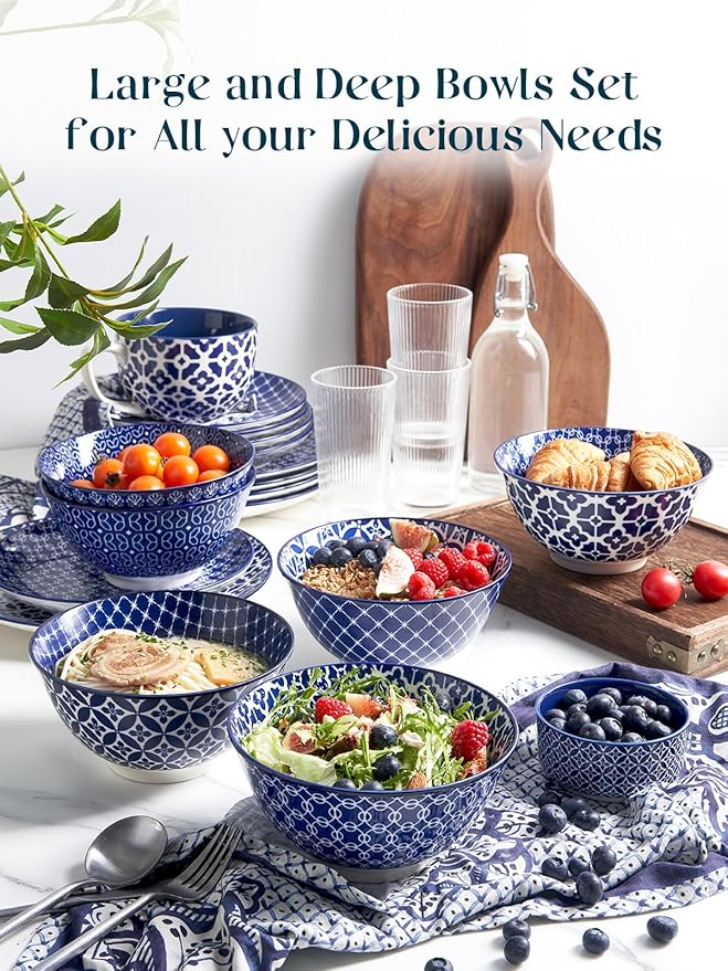 DOWAN 33 OZ Large Bowls Set of 6 - Ceramic Deep Bowl for Ramen, Pasta, Salad - Vintage Blue Porcelain Bowls for Kitchen Decor & Housewarming Gift - Dishwasher & Microwave Safe