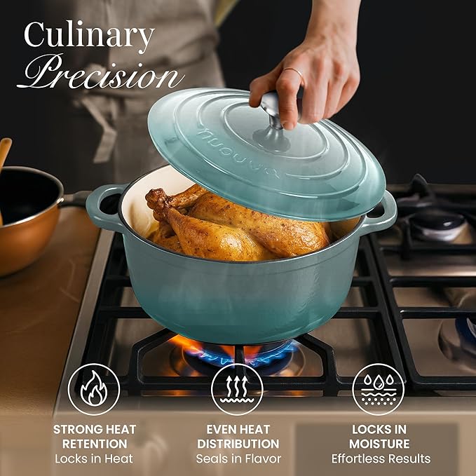 Nuovva Enamelled Cast Iron Dutch Oven Pot with Lid 6.4 Quart Non Stick Casserole Pot – Heavy Duty & Oven Safe up to 500° F for Bread Baking, Braising, Stews, Roasting – 28cm Sea Salt