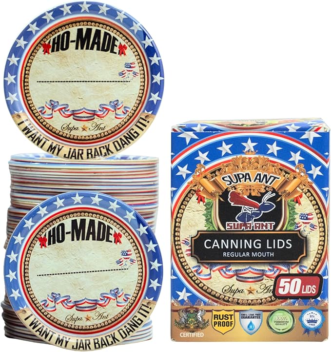 Supa Ant Thickest Canning Lids Regular Mouth (50 Pcs.) Food Grade Tin Can Lids for Canned Food - Buckle Proof & Rust Proof Lid for Canning Kit for Regular Mouth Mason Jars (Ho-made) Canning Supplies