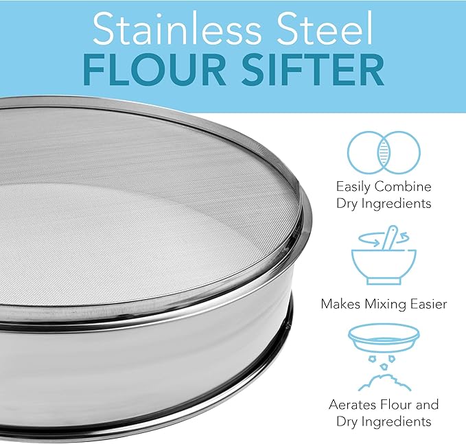 Stainless Steel Flour Sifter Fine Mesh Round Flour Sieve for Baking 9.5" Diameter x 2.5" High; Mesh-Hole Size 0.3mm