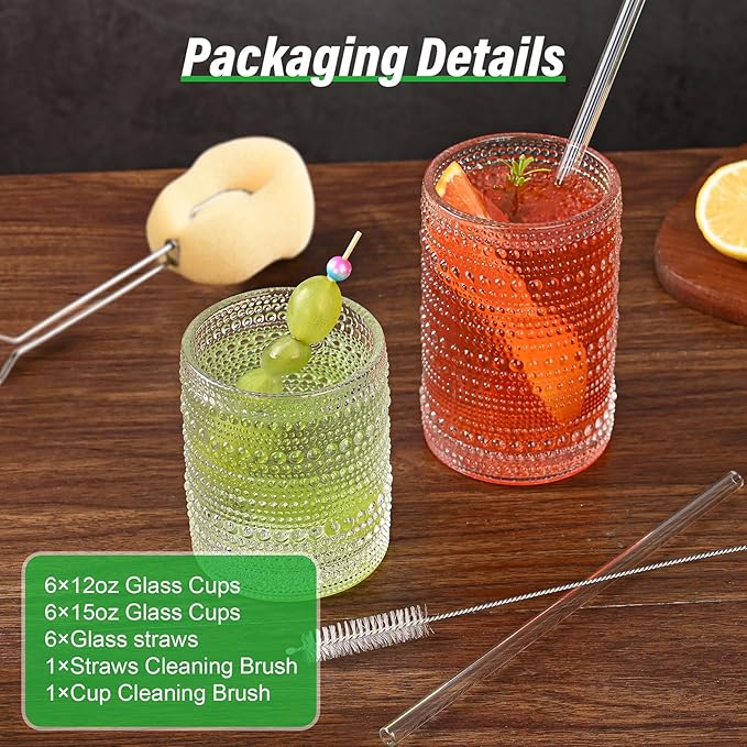 Vintage Glassware Drinking Glasses Set of 12,Clear 12oz & 15oz Hobnail Glass Cups,Embossed Water Tumbler,for Beer,Cocktail,Whiskey,Juice and Various Mixed Drinks- 1 Cleaning Brush