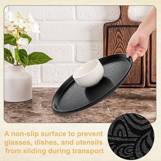 Hacaroa 4 Pack Round Restaurant Serving Tray, 14 Inch Black Plastic Server Tray Non-Slip Food Serving Platter for Drinks, Bar, Cafeteria, Hotel, Coffee Table, Raised Edges
