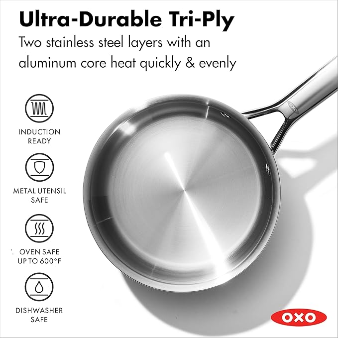 OXO 13 Piece Stainless Steel Cookware Set, Tri-Ply Multiclad Pots & Pans, PFAS-Free Ceramic Nonstick Coated Frying Pans, Induction Compatible, Dishwasher & Oven Safe, Sauce, Stock, Saute, Silver