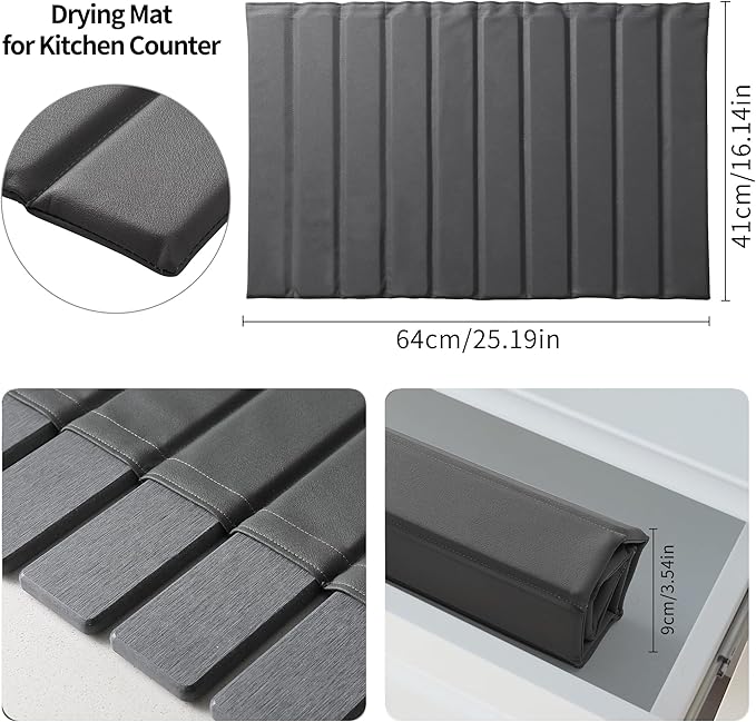 Stone Drying Mat for Kitchen Counter, Large Collapsible Diatomaceous Earth Supe Absorbent Quick Dry Stone Mat Kitchen，PU Leather Surface Removable and washable (Dark Gray, 23.6”x15.4”)