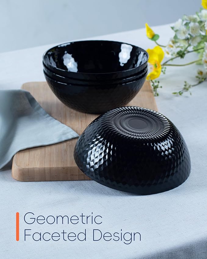 27 OZ Max Cereal Soup Bowl Set of 6, Thin Light & Durable Opal Glass 7.2 inch Black Geometric Faceted Bowls for Ramen, Noodle, Salad, Fruit, Dishwasher and Microwave Safe